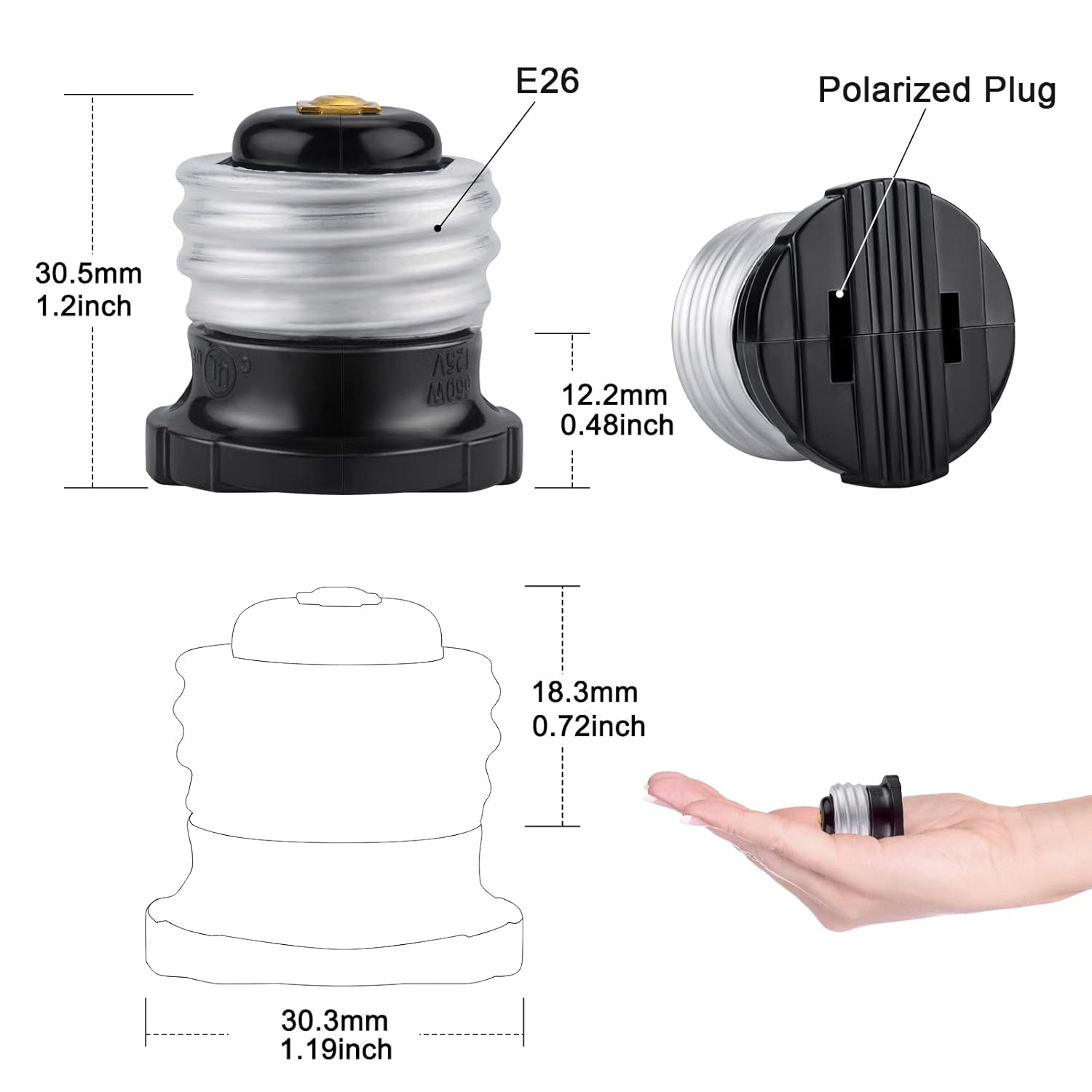 DiCUNO UL Listed E26 to Polarized Outlet Socket Adapter, Standard E26 Base Light Bulb to 2 Prong Outlet Plug Converter, Black, 6-Pack