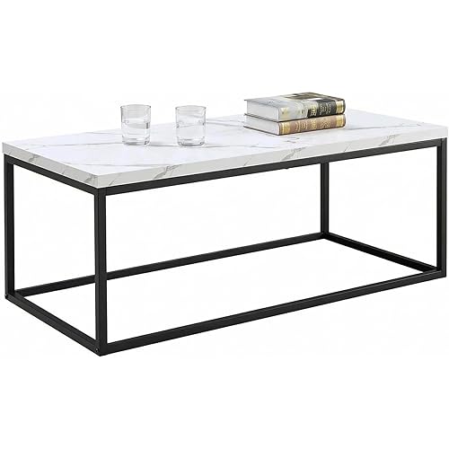 CENSI 40" White Marble Coffee Table for Living Room, Modern Rectangle Cocktail Table with Black Metal Legs, Industrial Faux Stone Center Table, Extra Thick Top, Sturdy & Easy Assembly