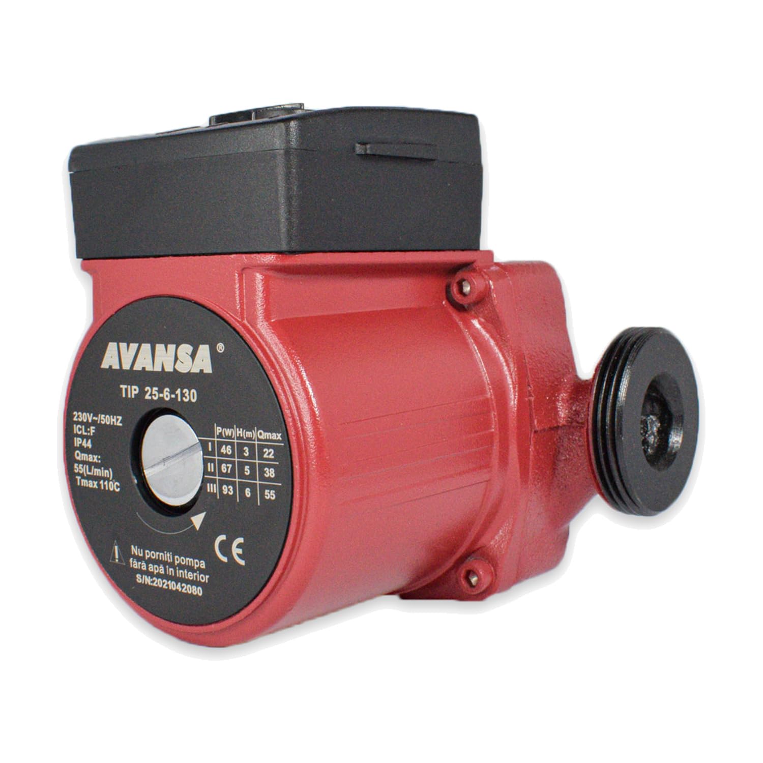 AVANSA 25-6/130 Pompa obiegowa CO 230 V – DN25 1½ cala, długość 130 mm – 6 m podnoszenia, 55 l/min – 3 biegi 46/67/93 W – wirnik mokry