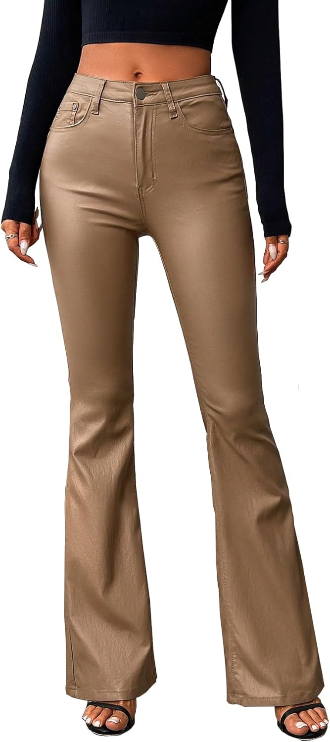 Women's Faux Leather Coated Flare Pants Mid Waist PU Skinny Black Leggings Bell Bottom Pants with Pockets