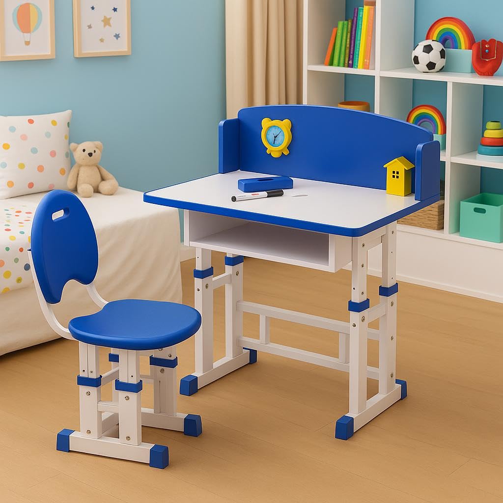 Toby Children's Study Table and Chair Set, Height Adjustable, with LED Lamp, Writing and Erasing Kids Desk Blue and White, Ages 3-11 Years-image-29