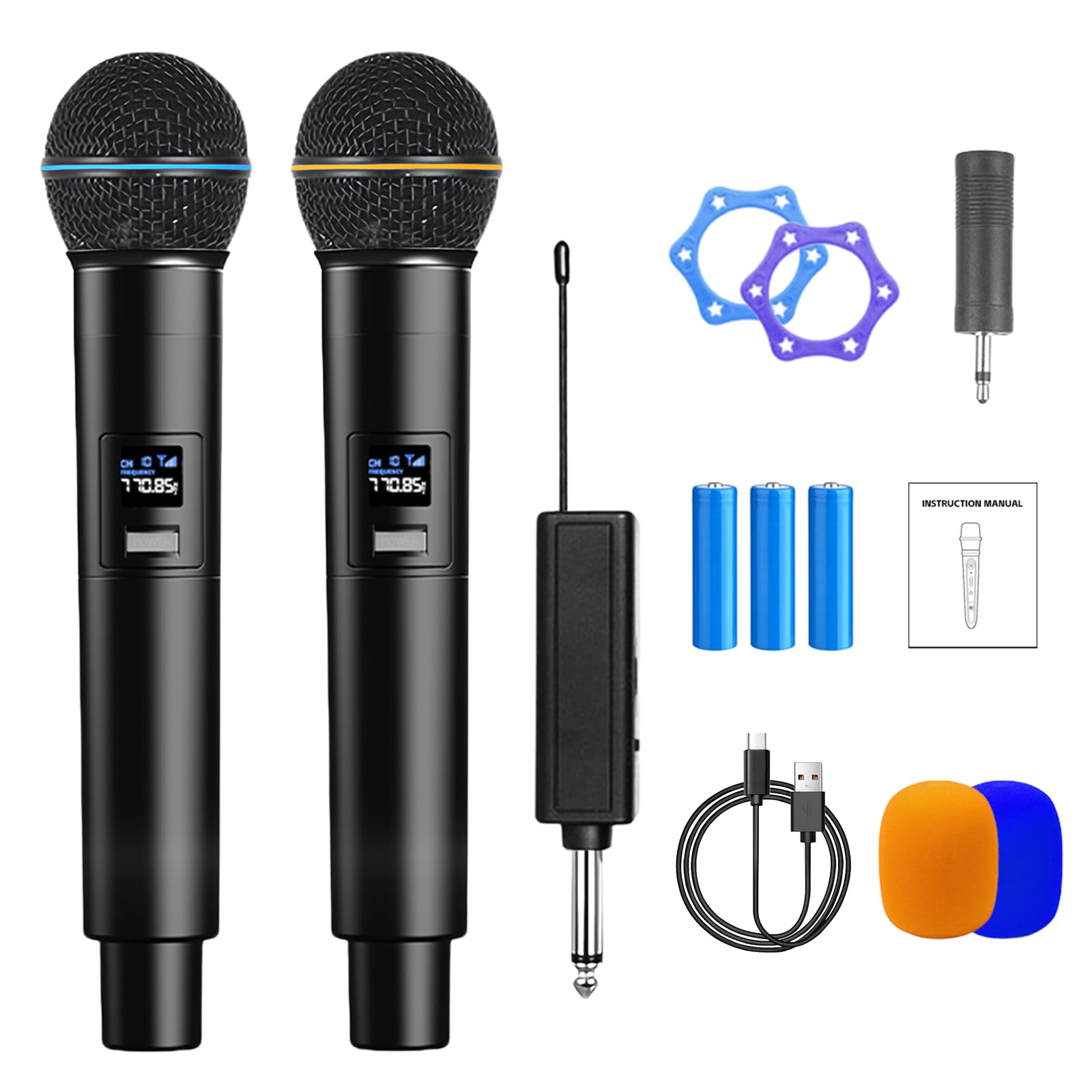 Microphone Sans Fil,Double Portable Micros Dynamiques Avec Récepteur Rechargeable,Micro Dynamique A Main Double,Microphones A Main Sans Fil Pour Karaoké,Fête,Réunion