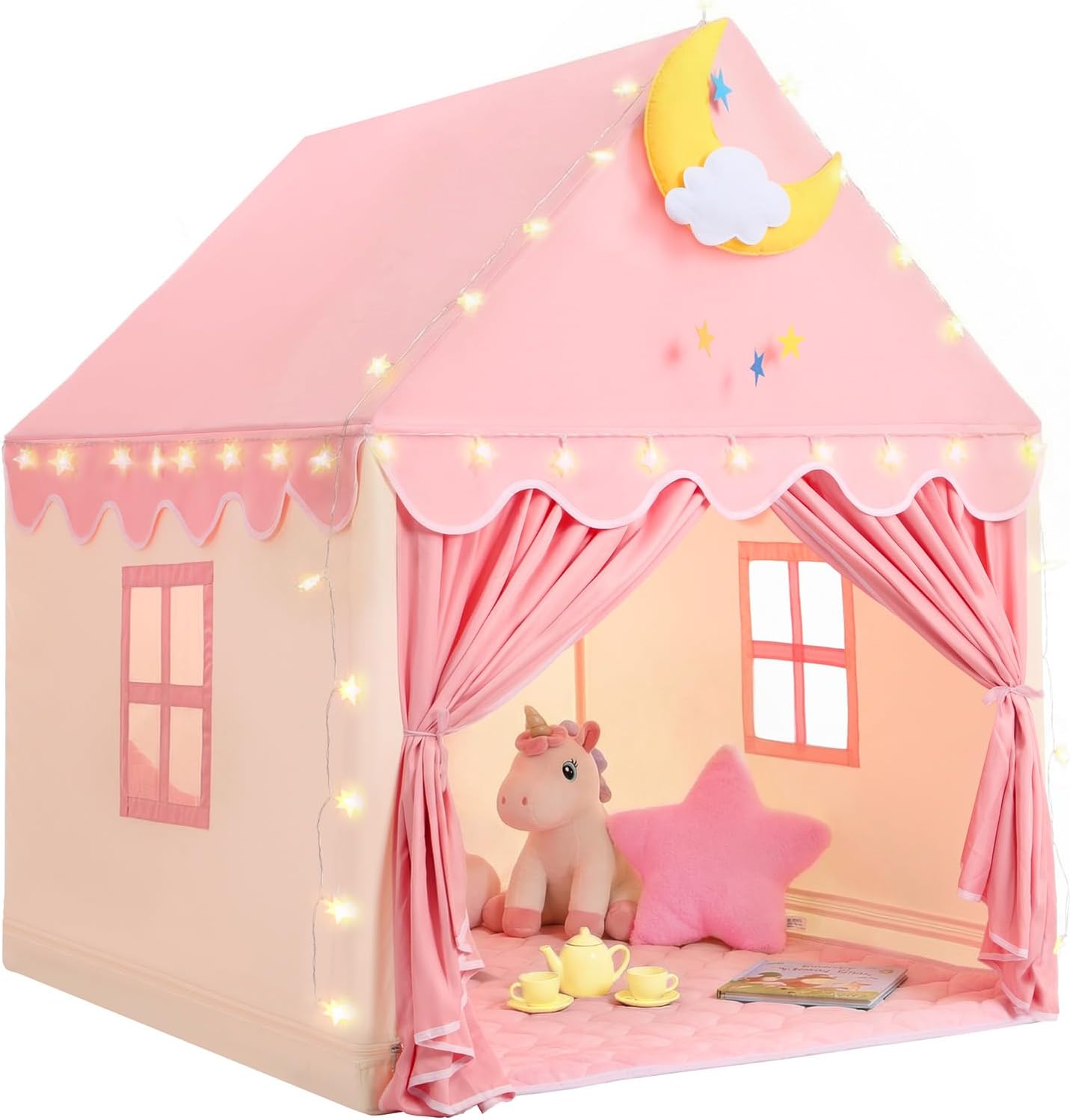 Kids Tent for Grils Indoor: with Mat, Star Lights - Pink Play Tents for Kids Indoor Playhouse - Princess Tent for Playroom Gift for Girls Birthday (Pink W/Cloth)