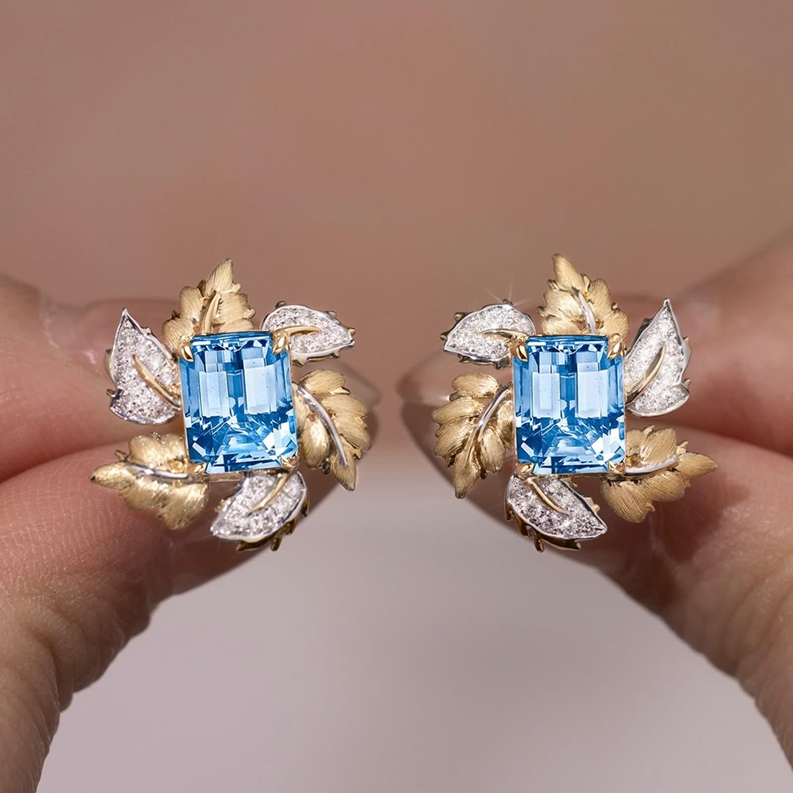 Damskie kolczyki sztyfty, kolczyki do chrząstki niebieskie laboratoryjne akwamaryn 2,75 ct 9/14/18K żółte złoto z laboratoryjnym diamentem, 9-karatowe żółte złoto, laboratoryjny diament wykonany w
