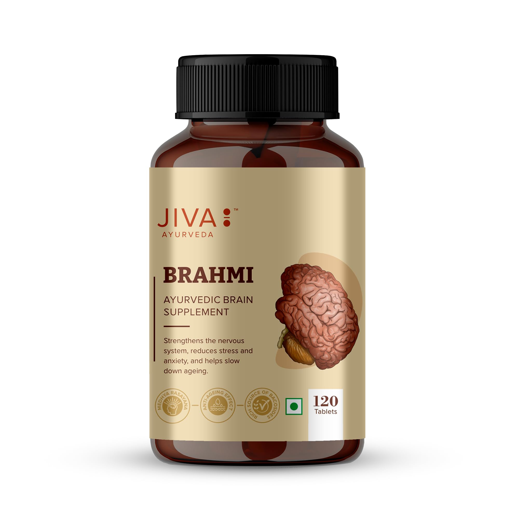 Jiva Brahmi Tablets 500mg | 100% Ayurvedic Formulation Rejuvenates Nervous System, Reduces Stress, Anxiety And Slows Down Aging- 120 Tablets (Pack Of 1)