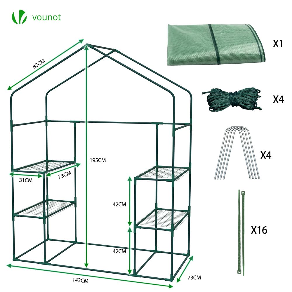VOUNOT® Invernadero de Jardín 143x73x195 cm Vivero Casero Plantas Cultivo con Puerta Enrollable y Ventana, Invernadero Huerto Caseta de Jardín 4 Estantes para Plantas Macetas Flores, Verde