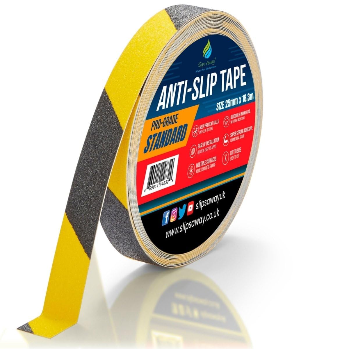 SlipsAway Anti-Slip Tape Roll - Strong Adhesive Grip Tape for Stairs Tread, Ramp & Deck - 25mm x 18.3m Waterproof Non-Skid Tape for Indoor/Outdoor Use - Made in the UK - Hazard