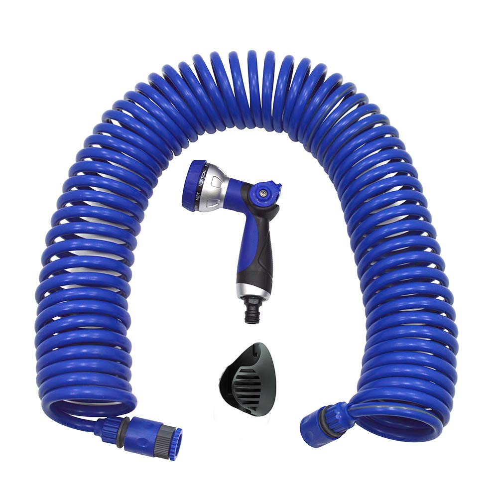 S&M 590078 – Kit de manguera helicoidal azul 15 metros (9 mm diámetro) + pistola multifunción 8 chorros + automático rosca hembra con adaptador ¾”-½” + 2 conectores rápidos + soporte colgador