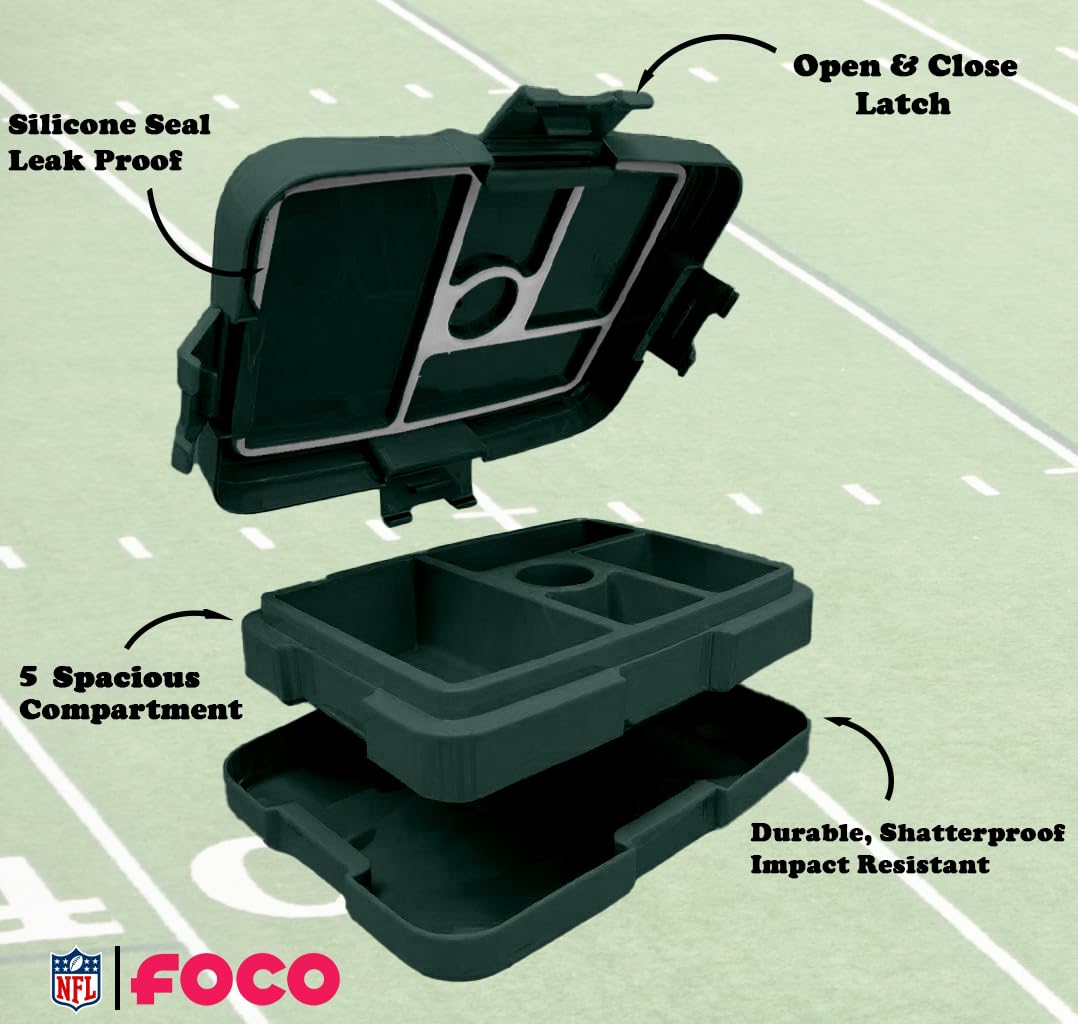 FOCO Green Bay Packers NFL Bento-Lunchbox, Unisex, für Erwachsene, offizielles Lizenzprodukt, Team-Farbe, gestreift, Primär-Logo, Fußball, auslaufsicher, 5 Fächer