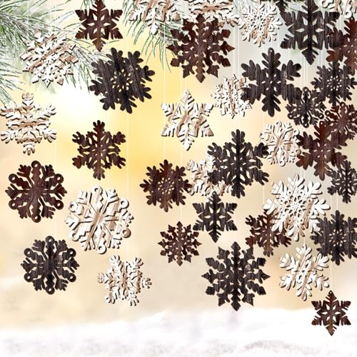 Huwena 36 Pcs Vintage Christmas Ornaments Wooden Snowflake Hanging Decorations Winter Rustic Wood Cutouts Farmhouse Christmas Ornaments for Home Xmas Winter Tree Party Decorations