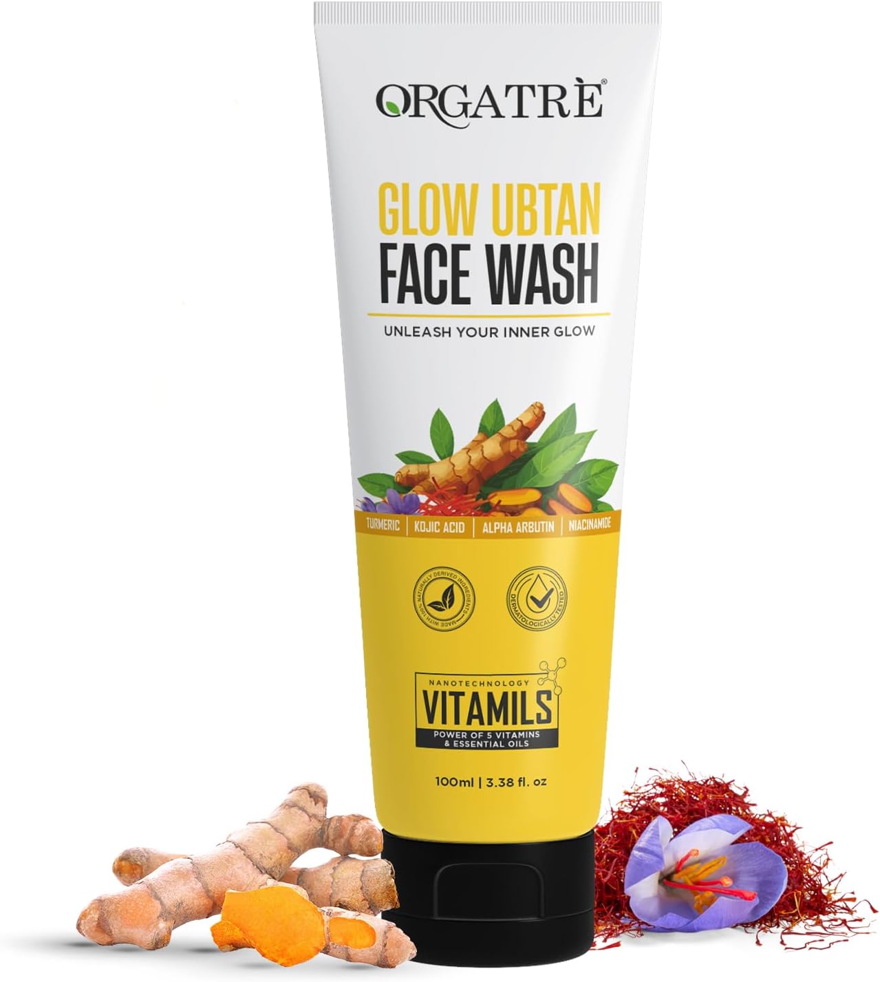 Orgatre Glow Ubtan Face Wash with Turmeric, Kojic Acid & Niacinamide for Brightening, Tan Removal & Even Skin Tone - 100ml | Dermatologically Tested | Suitable for Men & Women