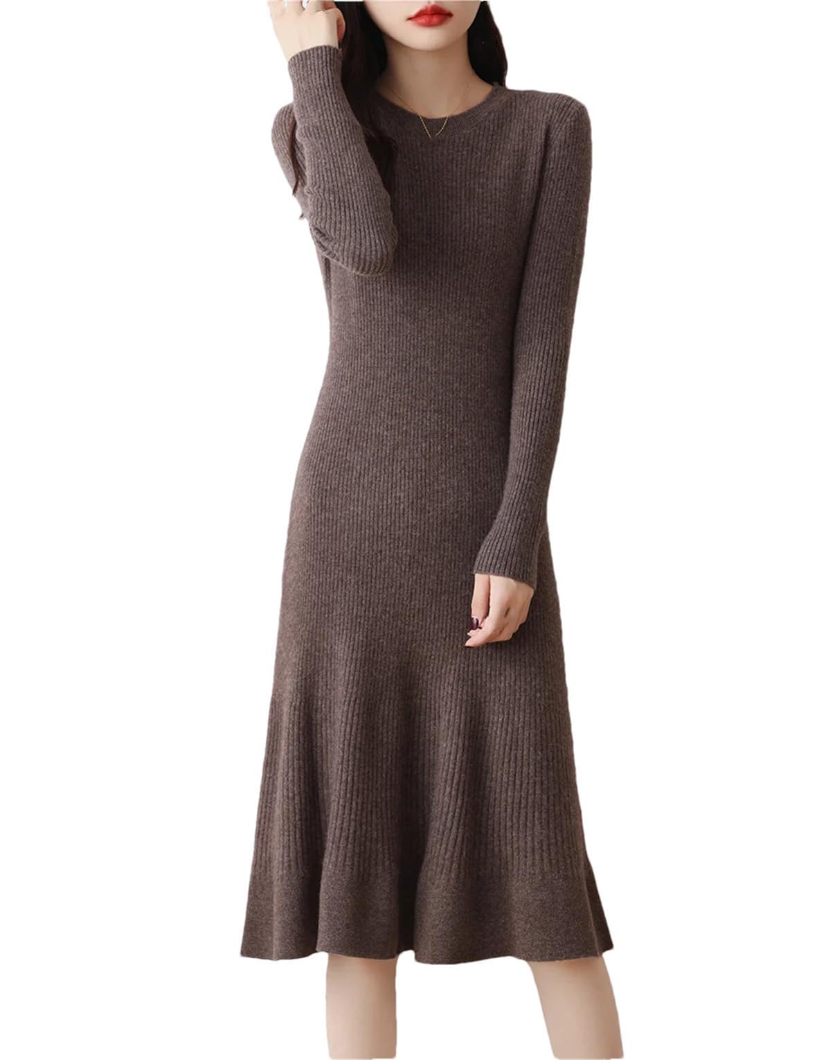 Maglione da donna in lana lavorato a maglia, autunno e inverno, a righe, scollo rotondo, gonna a pieghe