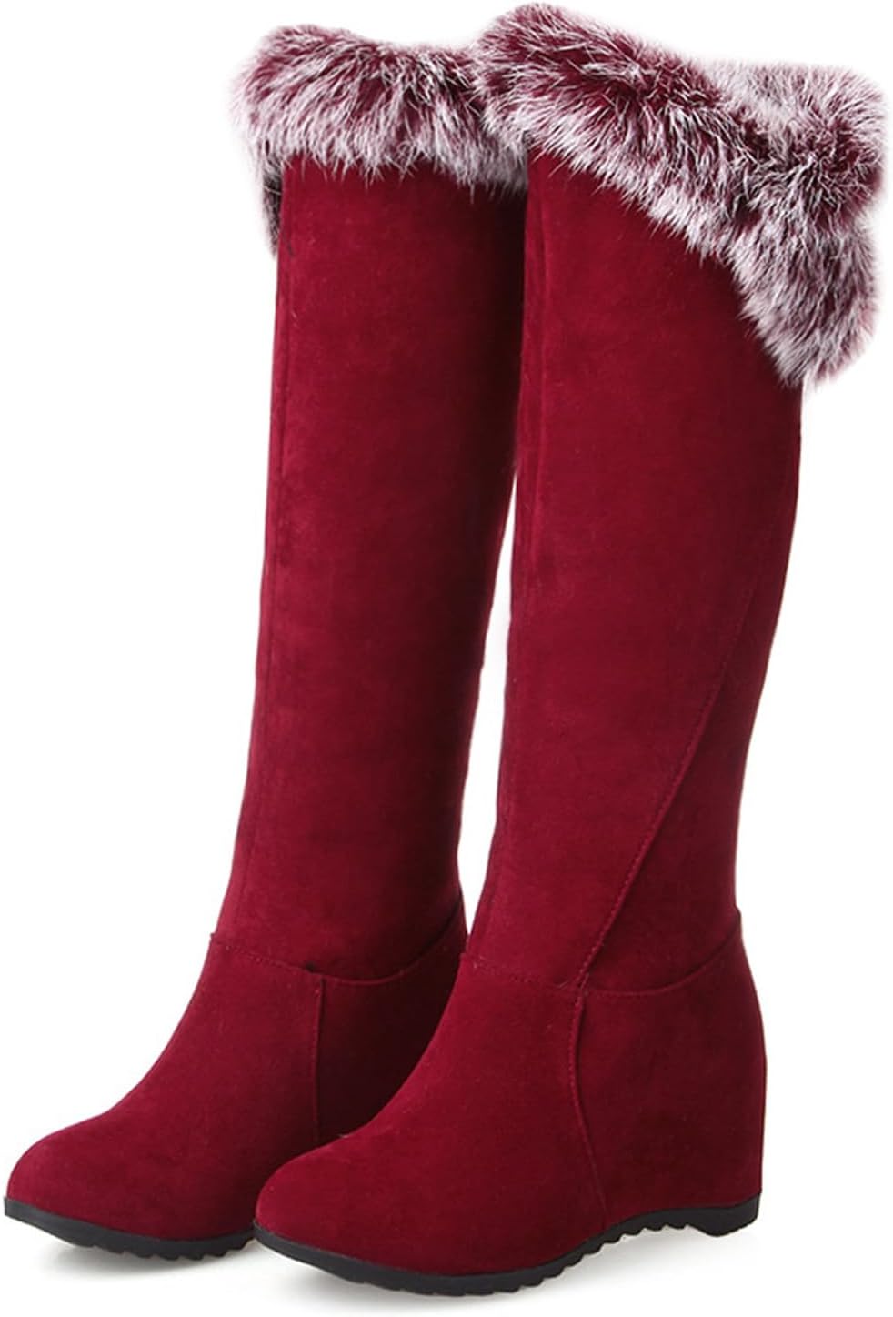 Women's Winter Over The Knee Thigh High Snow Boots Stretch Thick Rabbit Fur Collar Warm Leather Waterproof Slip-on Hidden Wedge Boot