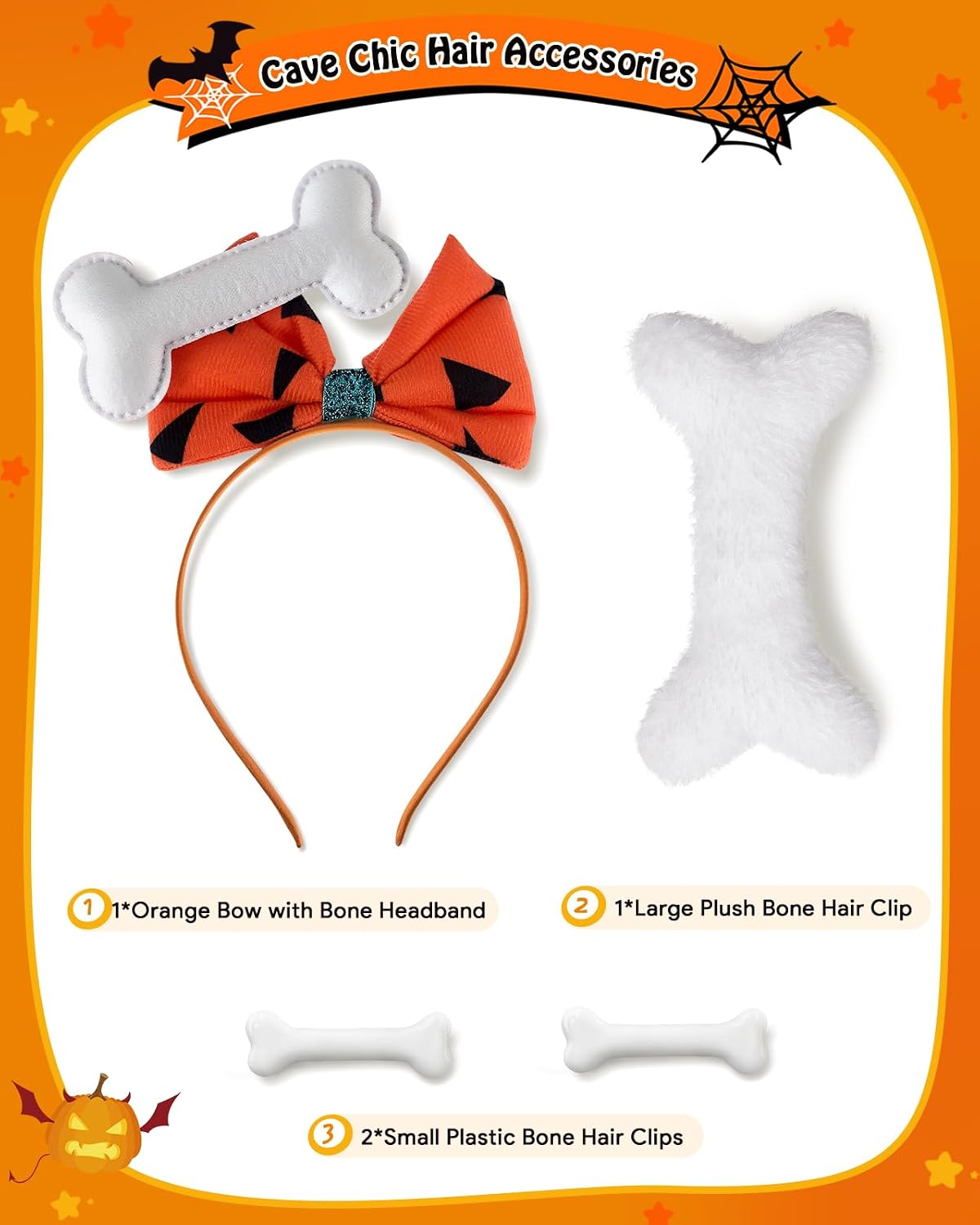 Halloween Cave Costume Accessories Set - Plush Bone Hair Clip, 2 Cute Plastic Skeleton Hairpins, Orange Spotted Bow Headband with Bone for Family Cosplay & Dress-Up Party image 2