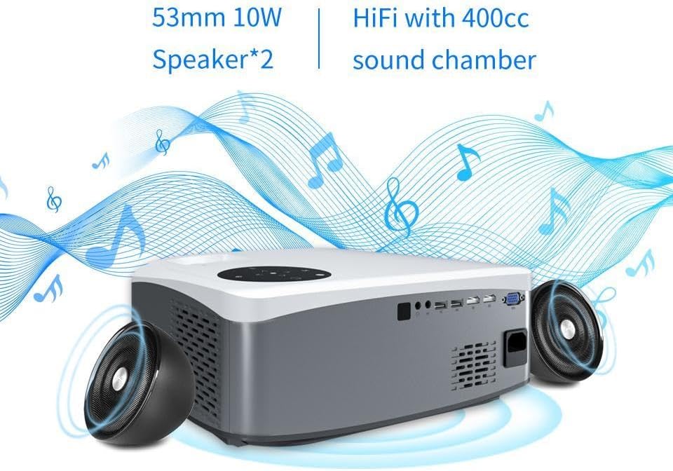 WZATCO C6 Projector with two external speakers, illustrating its audio capabilities with musical notes.