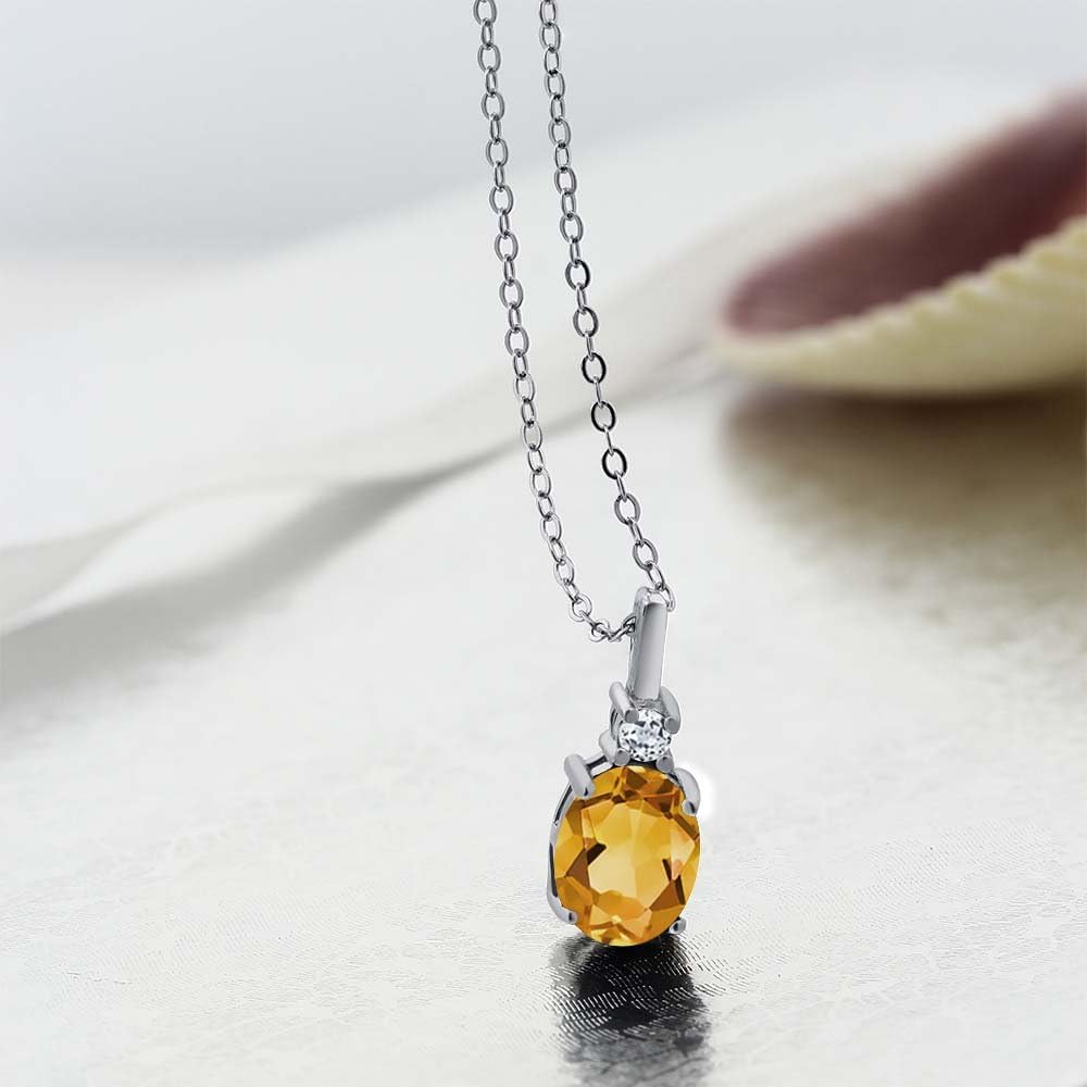 Gem Stone King 1.23 Cttw Yellow Citrine and White Topaz Pendant Necklace For Women | 925 Sterling Silver | Gemstone November Birthstone | Oval 9X7MM | With 18 Inch Silver Chain