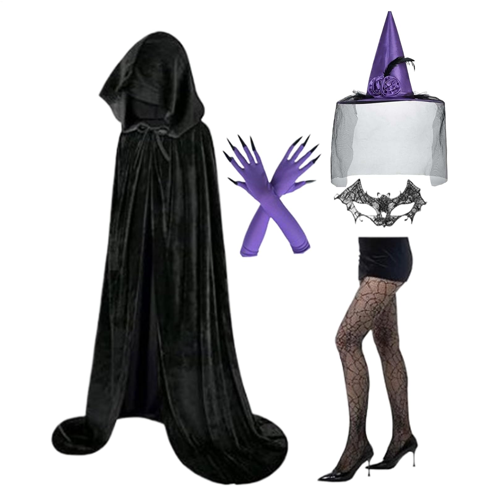 Kostium czarownicy – zestaw do cosplay czarownicy – Halloween, koronkowa maska skarpety, peleryna, kapelusz na scenę, imprezy, wesele