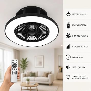 Yıldız LED Tavan Vantilatörü Cata 50W, 56 cm (23 İnç) 8 Kanatlı Sessiz Motor, Uzaktan Kumandalı ve Zamanlayıcılı, 3 Renk Kademeli Dim Edilebilir Modern Tavan Tipi Lamba Fanı