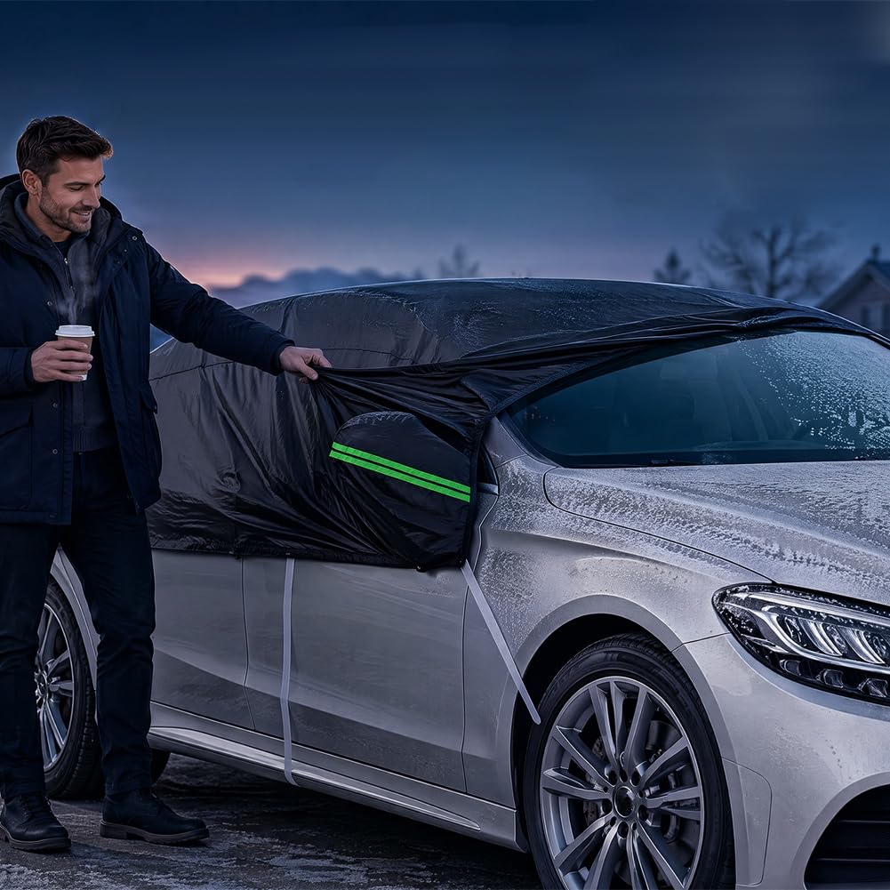 Auto Halbgarage Wasserdicht Atmungsaktiv Autoabdeckung, Universal Halbgarage für Auto Allwetterschutz vor Regen, Staub, Sonne und Laub für Windschutzscheibe Schwarz