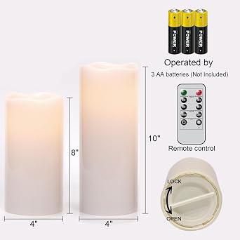10 8x4 Large Outdoor Flameless Candles with Remote and Timer | Battery Operated LED Flickering Pillar Candle, Waterproof White Plastic, Wedding Dinner Patio Porch Lantern Holiday Decor