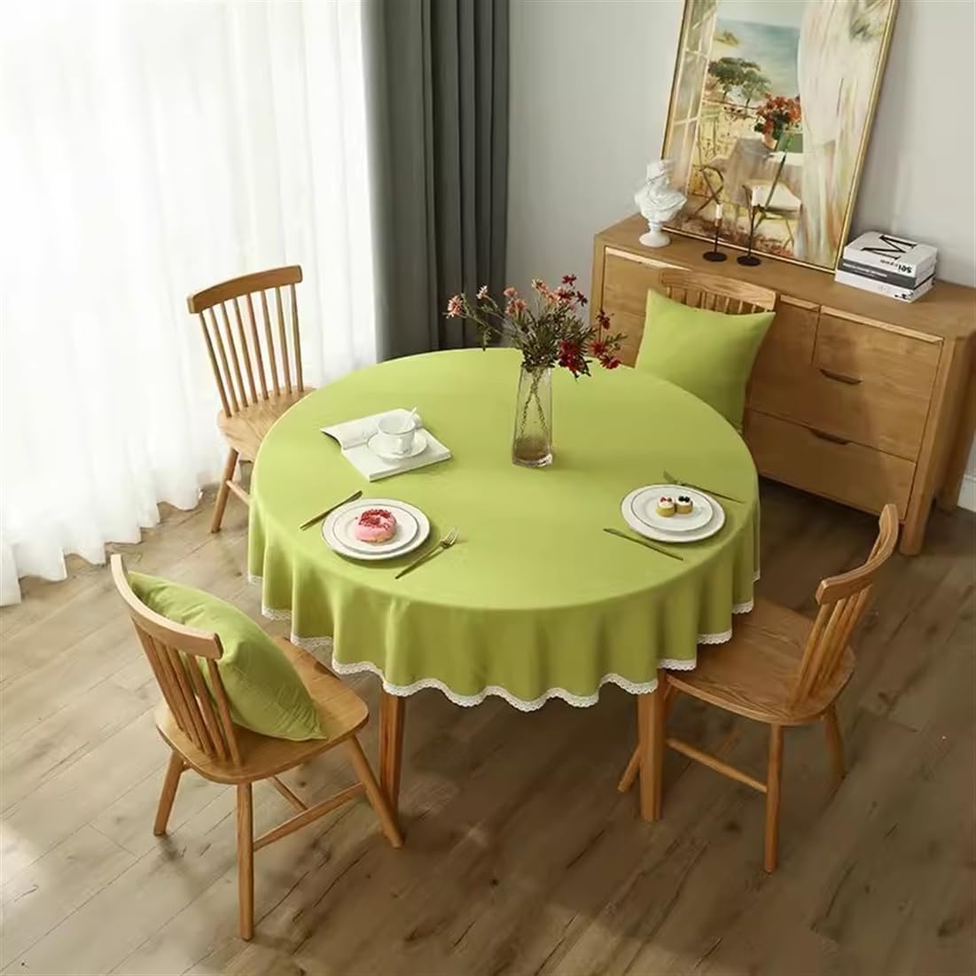 Linen Round Tablecloth Modern Style Solid Color Dust-Proof Table Cover Home Hotel Restaurant Peacock Blue Round 63"