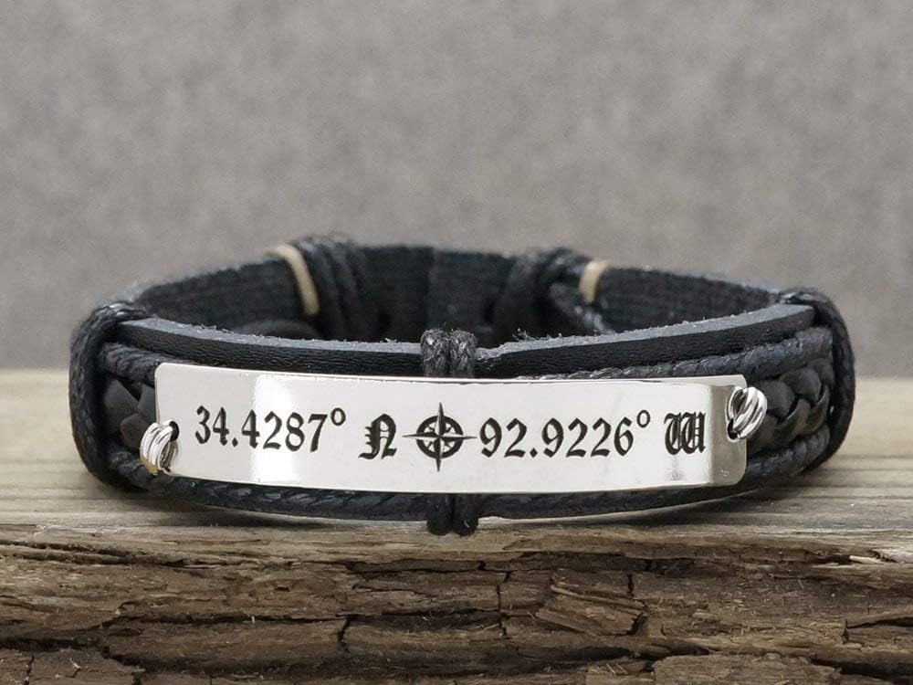Latitude Longitude Bracelet for Men, Custom Coordinate, Silver Compass Engraved Location Cuff, Male Brown Leather, Gift for Him