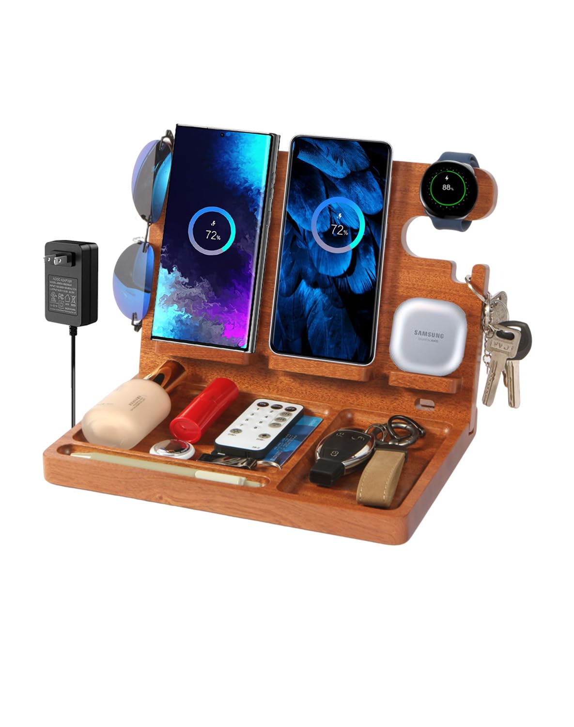 Desk Organizer with 4 Wireless Charging Station for Samsung Devices,27W Dual Wireless Charger Fast Charging for 2 Phones,Galaxy Watch 7/6/5/4/3/2,TWS