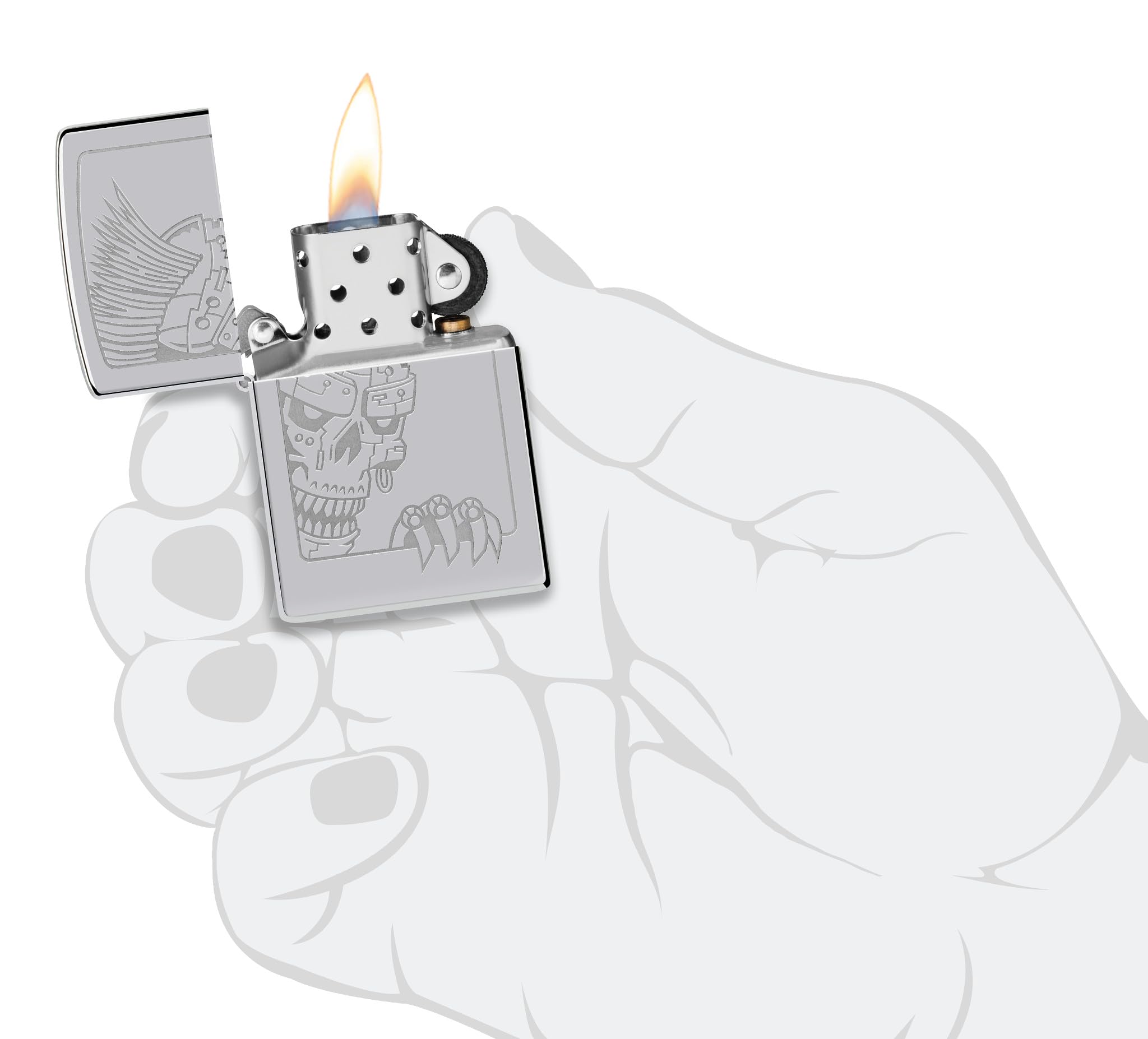 Zippo Briquet tempête – Design tête de Mort Mohawk – Argent – Chrome Poli – Lustré – Rechargeable – Réutilisable – Résistant au Vent – Boîte Cadeau – Fabriqué aux États-Unis