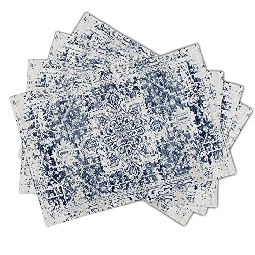 Image of Navy Blue Grey Ethnic Boho Placemats Set of 4 Bohemian Carpet Vintage Gray Linen Washable Kitchen Dining Table Mats Stain Heat-Resistant Desktop Decor Place Mats for Home Party Indoor 12x18 in