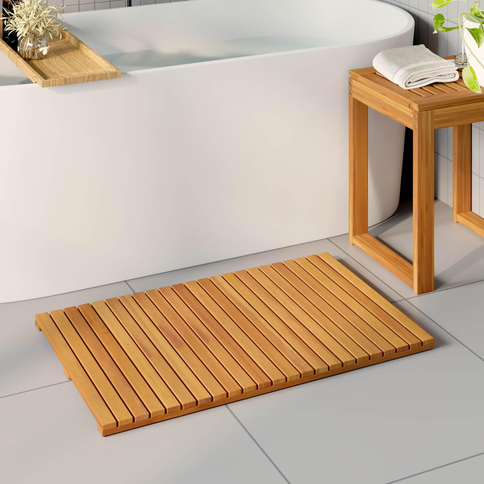 Alfombra de baño de madera maciza de acacia con superficie antideslizante y ventilada para baño, balcón y spa, 80 x 50 cm, impermeable, duradera, fácil de limpiar, secado rápido