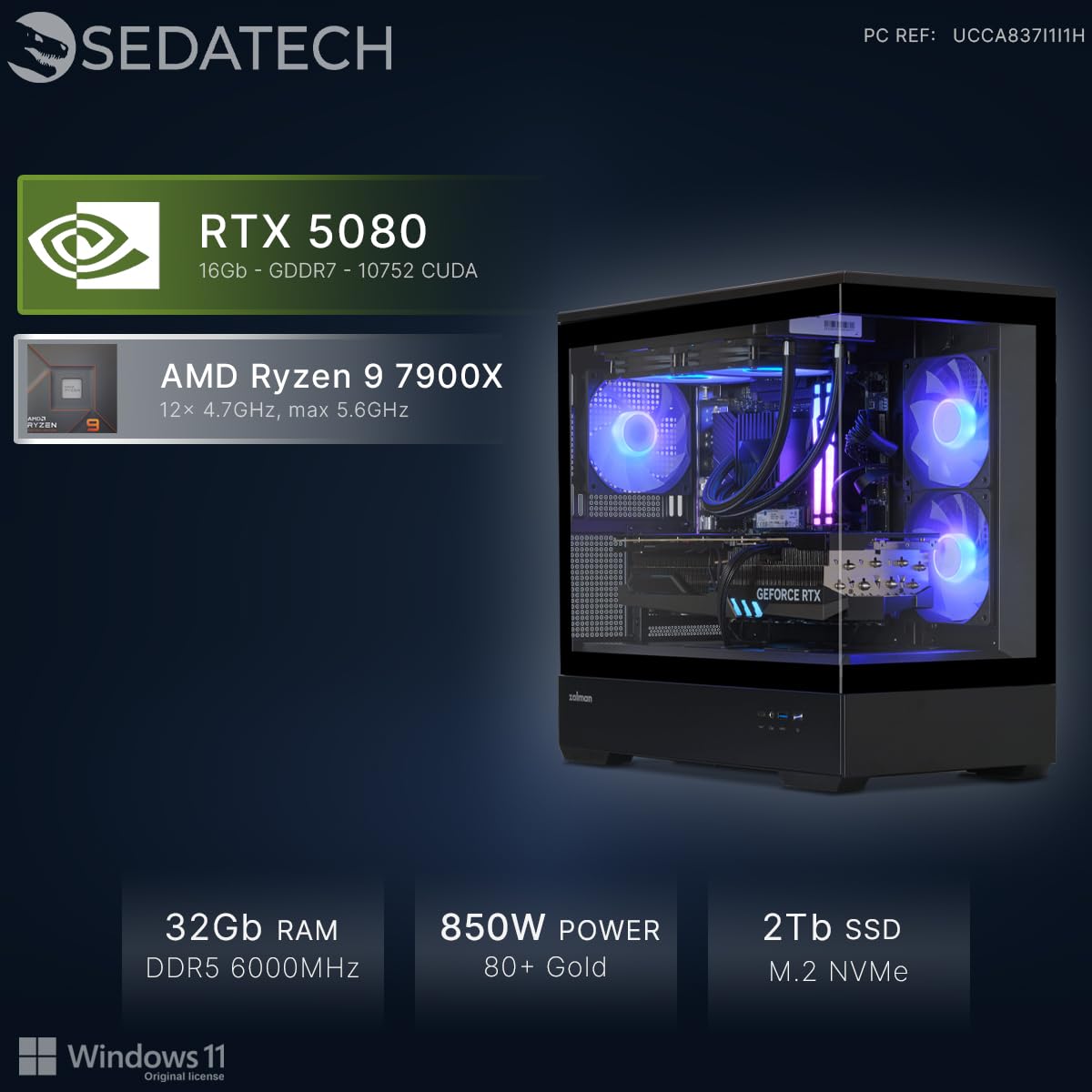 Sedatech PC Gamer RTX 5080 AMD Ryzen 9 7900X 32Go DDR5 2To SSD M.2 WiFi 6E BT 5.3 Win 11