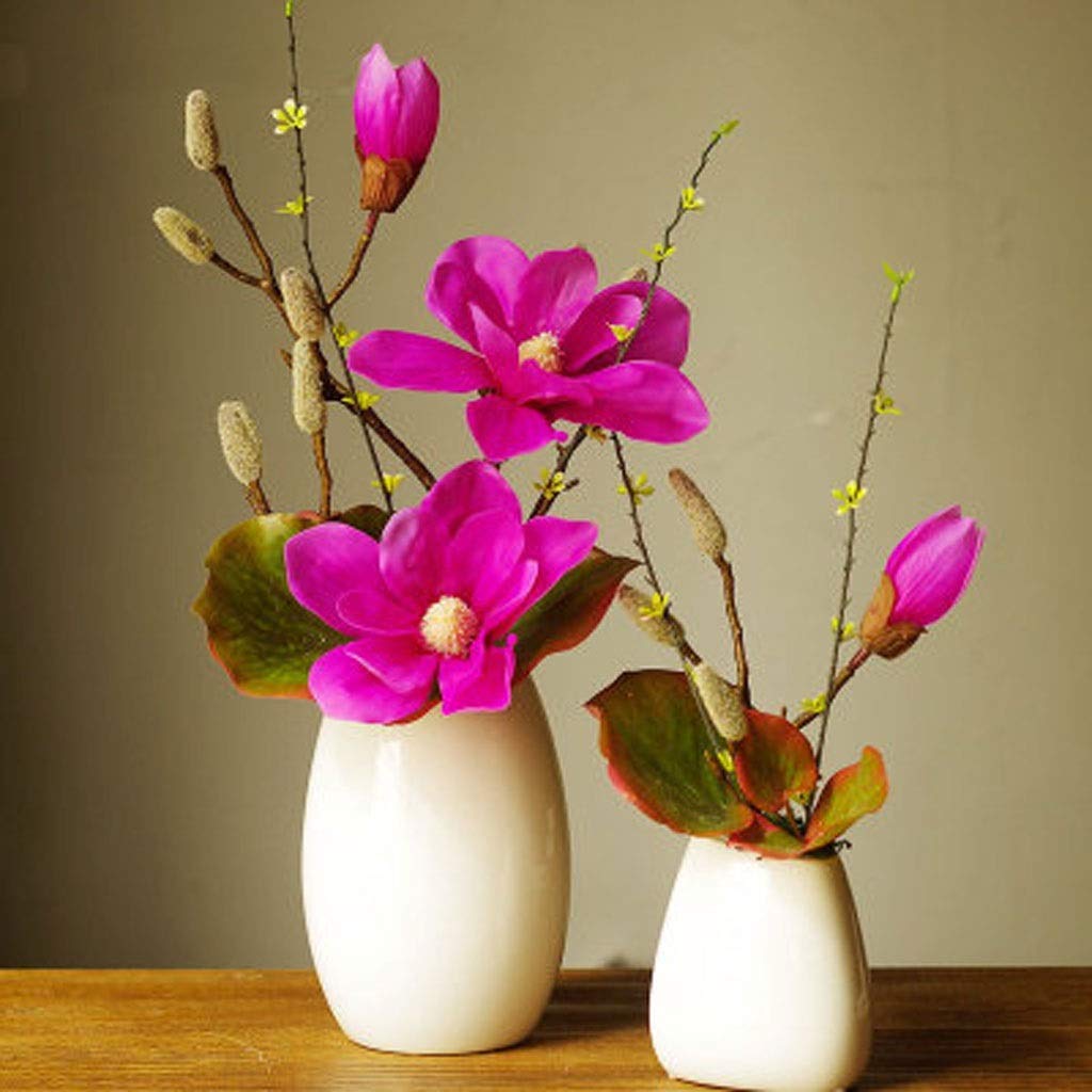XDLEDMKIZ Realistic Artificial Flower Magnolia Artificial White Ceramic Vase Silk Arrangements for Home Decor Bouquet Silk Fake Flower Interesting