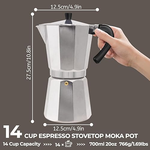 Miniatura 2 de Cafetera de aluminio para 14 tazas de 23.7 fl oz, cafetera expreso, cafetera de café italiano, estilo clásico, Greca, Cafetera, Moca, para amantes