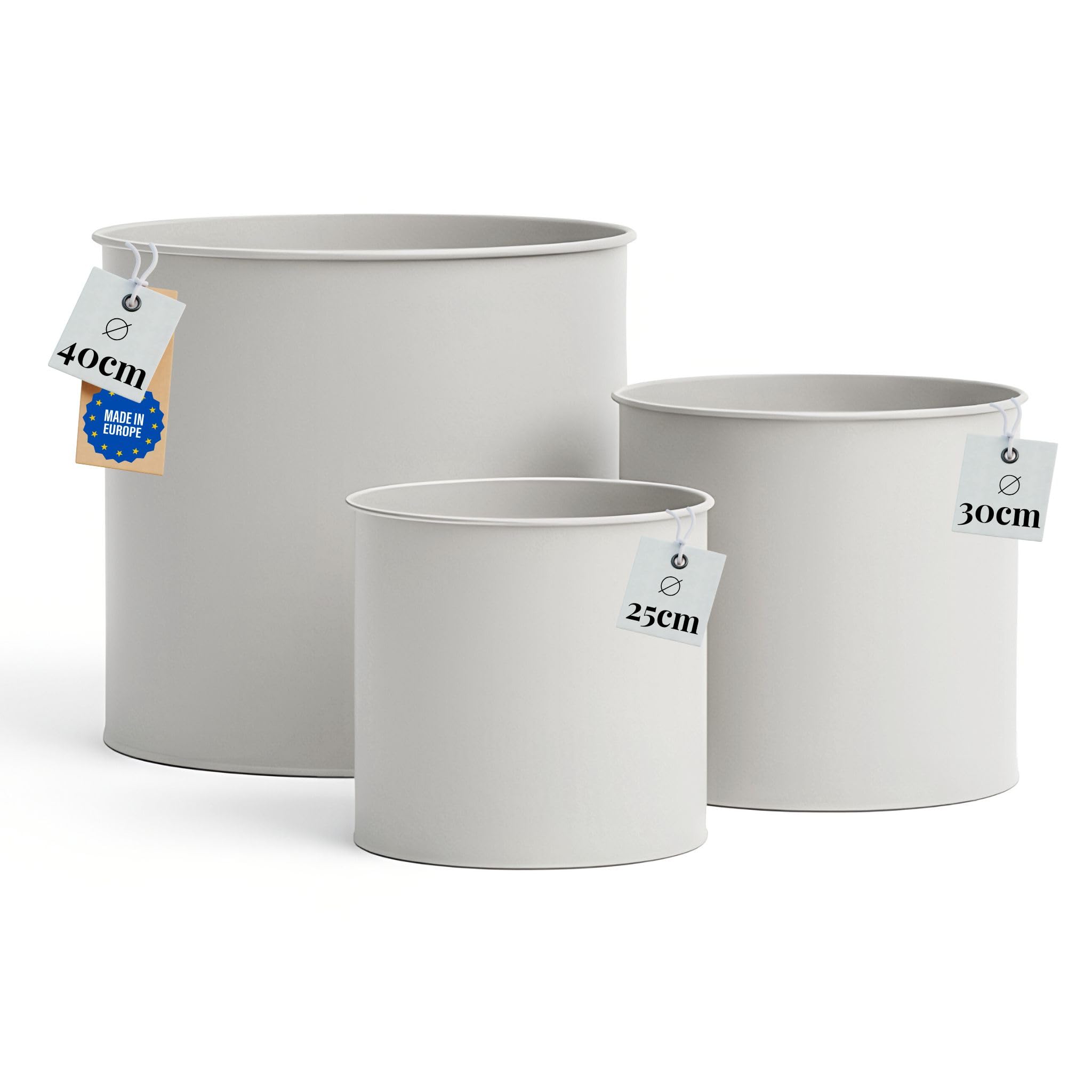 Livlig53 Blumentopf Set Metall, Topf 25 cm Durchmesser & Übertopf 30 cm Durchmesser & Übertopf 40 cm Durchmesser, Pflanzkübel groß außen & innen, Made in Europa, Greige
