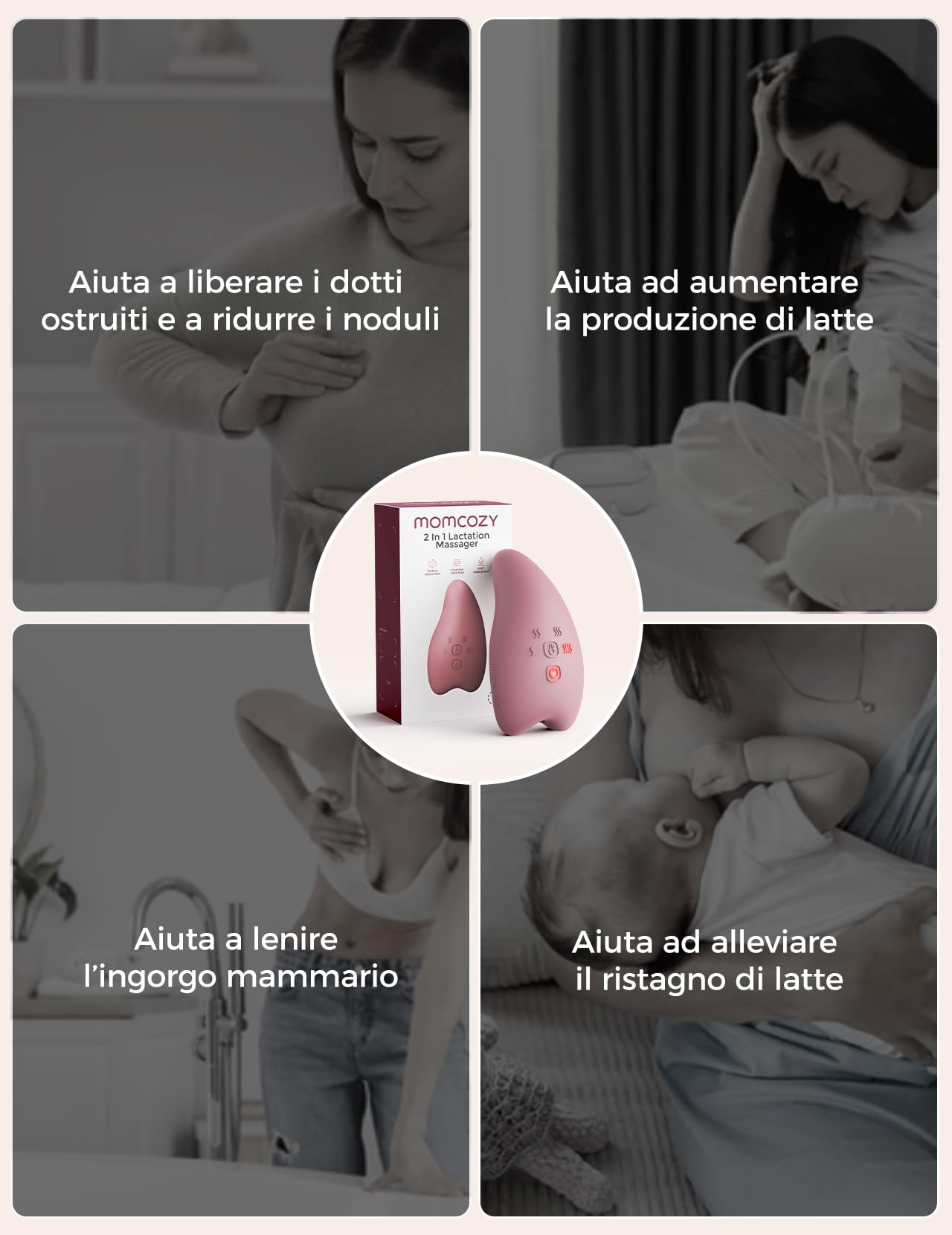 Momcozy Massaggiatore per allattamento A1Pro - vibrazione profonda e riscaldamento rapido per alleviare la congestione del latte e per un pompaggio più efficiente, con funzione memoria e ricarica
