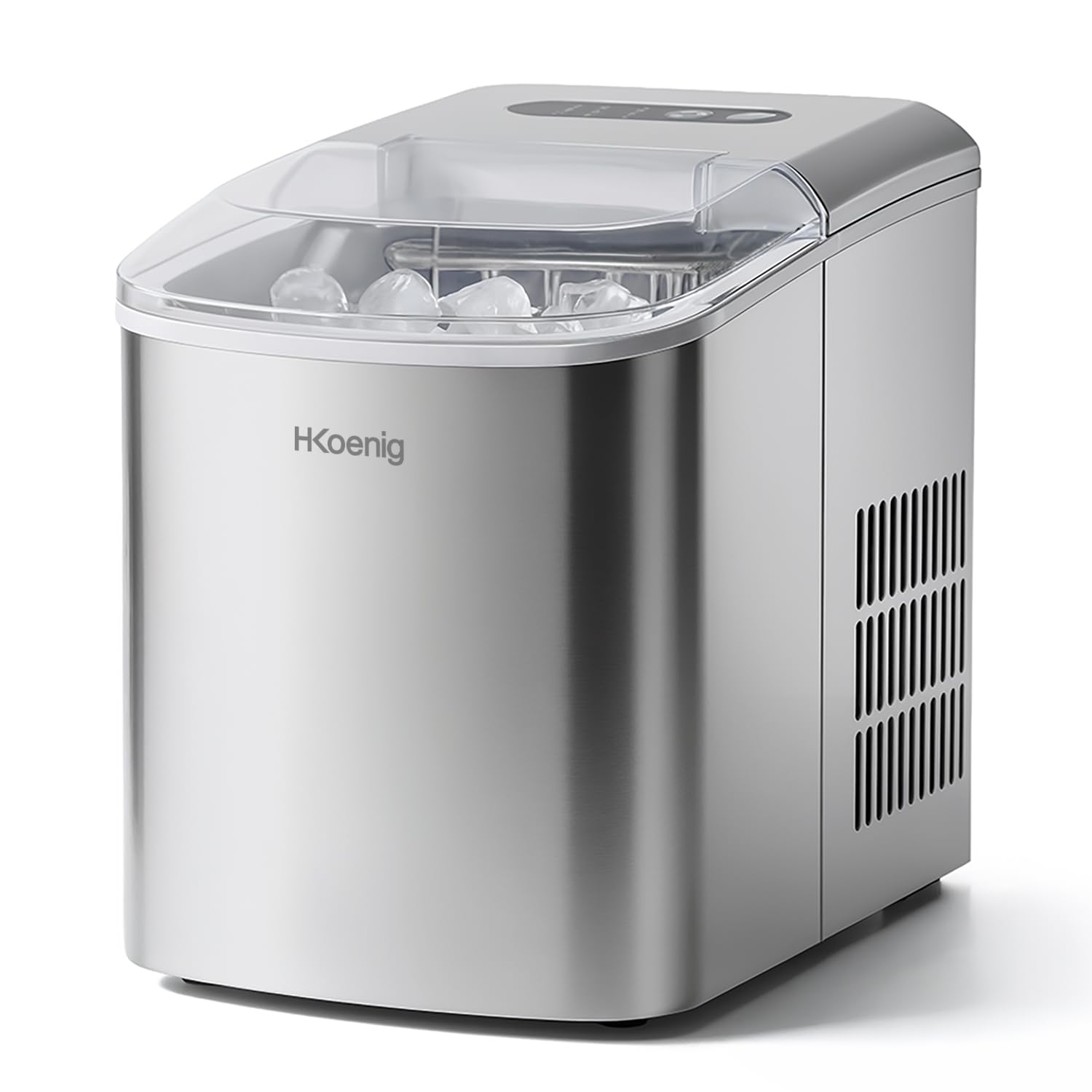 H.Koenig KB14 Eiswürfelmaschine, 12kg in 24 Stunden, Eiswürfel in 6min, 2 Eiswürfelgrößen, 120 W Silber leise, Eiswürfelbereiter Edelstahl, 2.1 L, Eiswürfelschaufel
