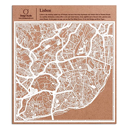 リスボン切り絵地図、白、30x30センチ、オリジナルデザインペーパーアート、アイデアギフト
