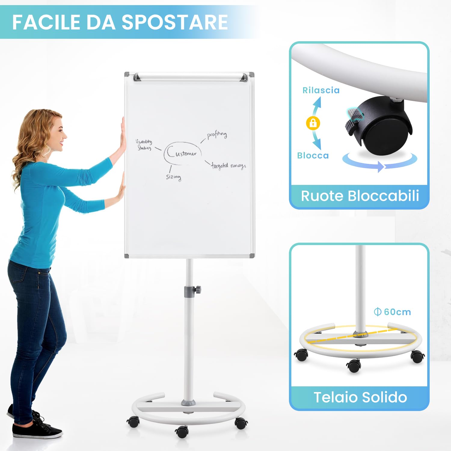 S SWANCROWN Lavagna a Fogli Mobili 100x70cm con Rotelle, Lavagna Magnetica con Cavalletto Altezza Regolabile Ufficio