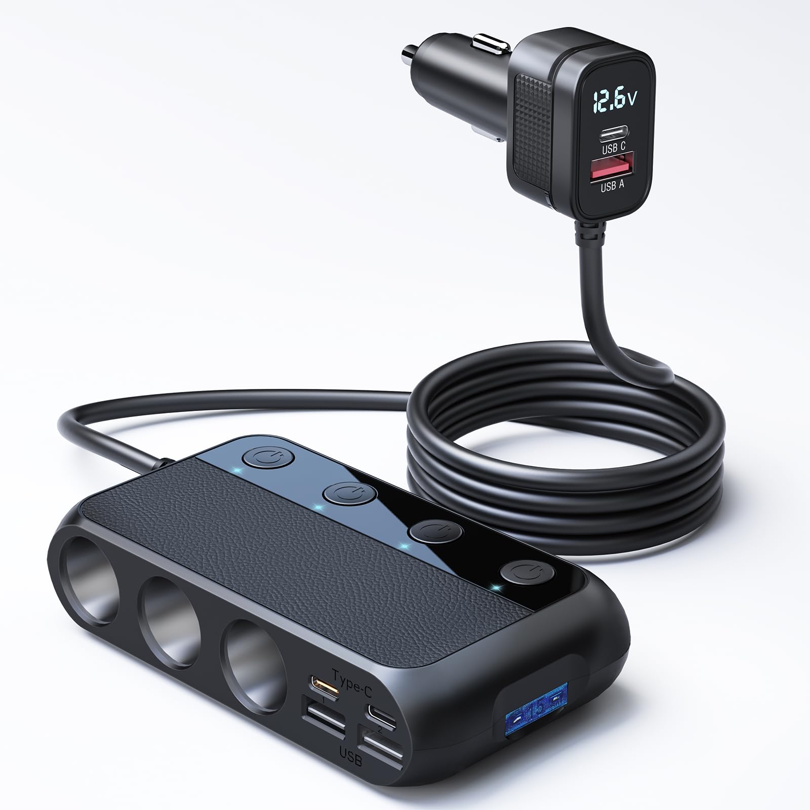Caricatore Auto USB-C PD 30W USB QC3.0, 9 in 1 148W Caricatore Auto Accendisigari 12V/24V con 3 Prese & 6 Porte con Display LED per iPhone Dash Cam