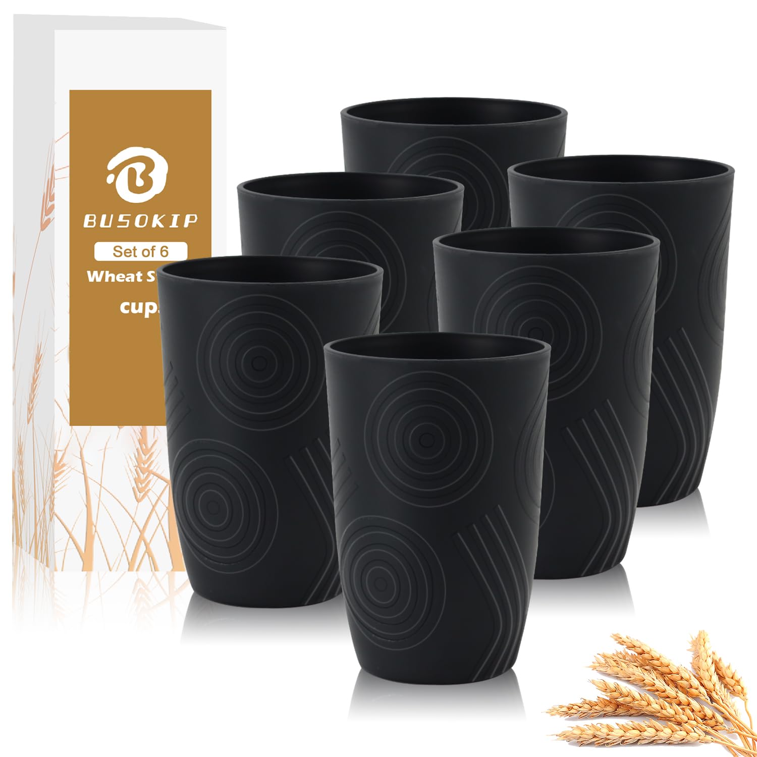 Wheat Straw Cups 6 Pcs, 16 OZ Plastic Drinking Cups (Black)