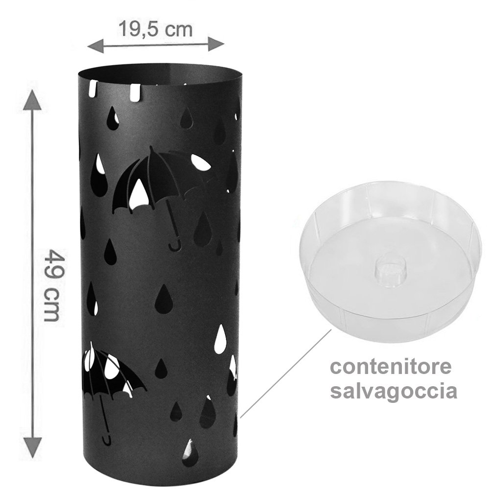 BAKAJI Portaombrelli Stand in Ferro di Design Porta Ombrelli Forma Rotonda Decorazione Intarsio Ombrelli e Gocce Vaschetta Salvagoccia e Ganci per Ombrelli Pieghevoli (Nero)