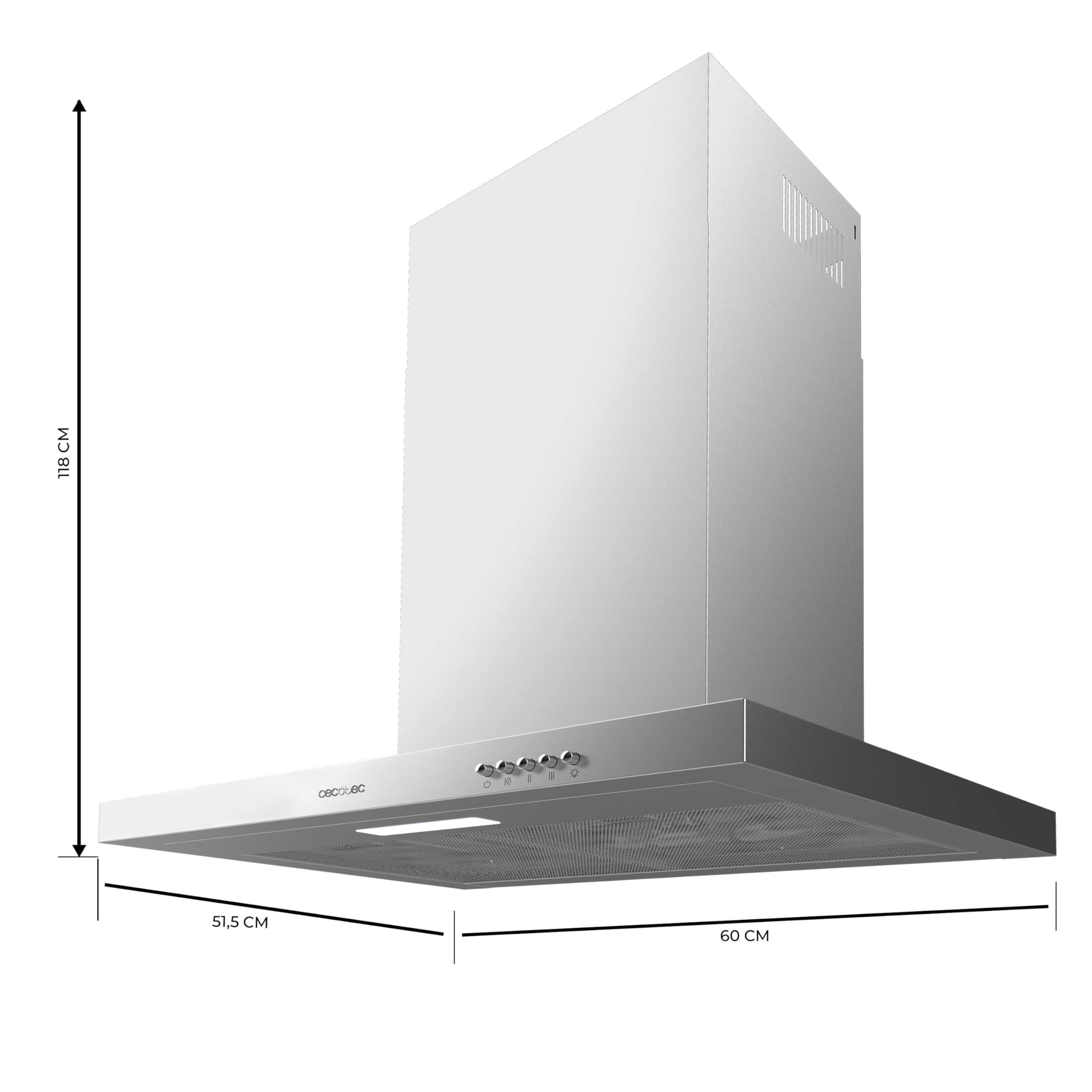 Cecotec Campana Extractora 60 cm Tipo T Bolero Flux TM 603500 Inox A. Potencia de Succión 350m3/h, Motor 70W, Control Mecánico, 3 Niveles de Potencia, Luz y Filtro de Carbono, Inox — view 2