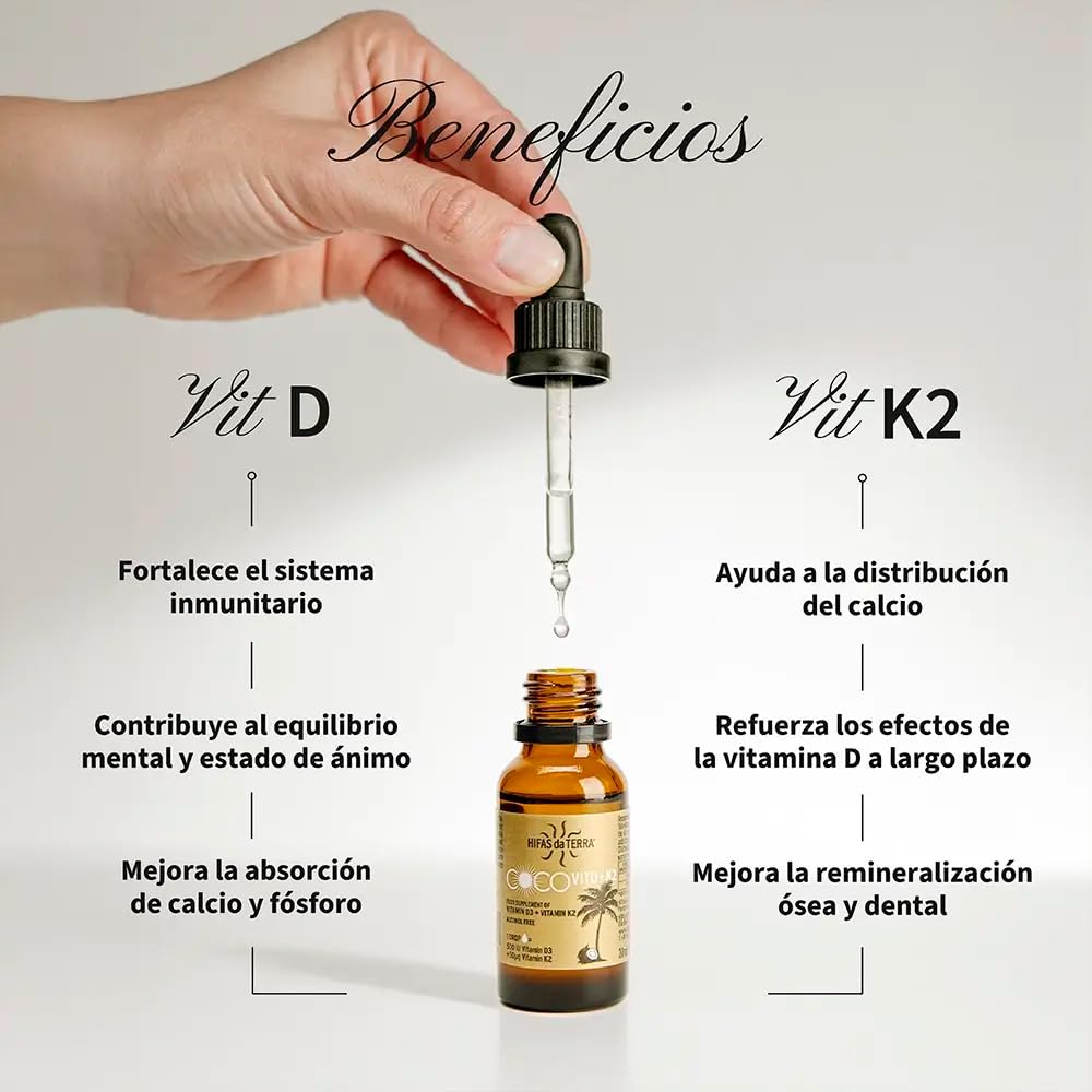 HIFAS DA TERRA CocoVit D + K2 Líquido - 500 UI Vitamina D3 + 50 µg Vitamina K2 por gota - Suplemento en aceite MCT de coco - Apoyo al Sistema Inmunitario y Estado de Ánimo - Formato con gotero, 20 ml