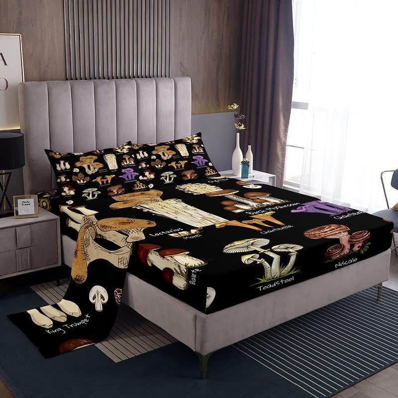Feelyou Mushroom Bed Sheet Wild Fungus Sheet Set Botanical Plant Bedding Set 1 Fitted Sheet & 1 Flat Sheet & 1 Pillowcase