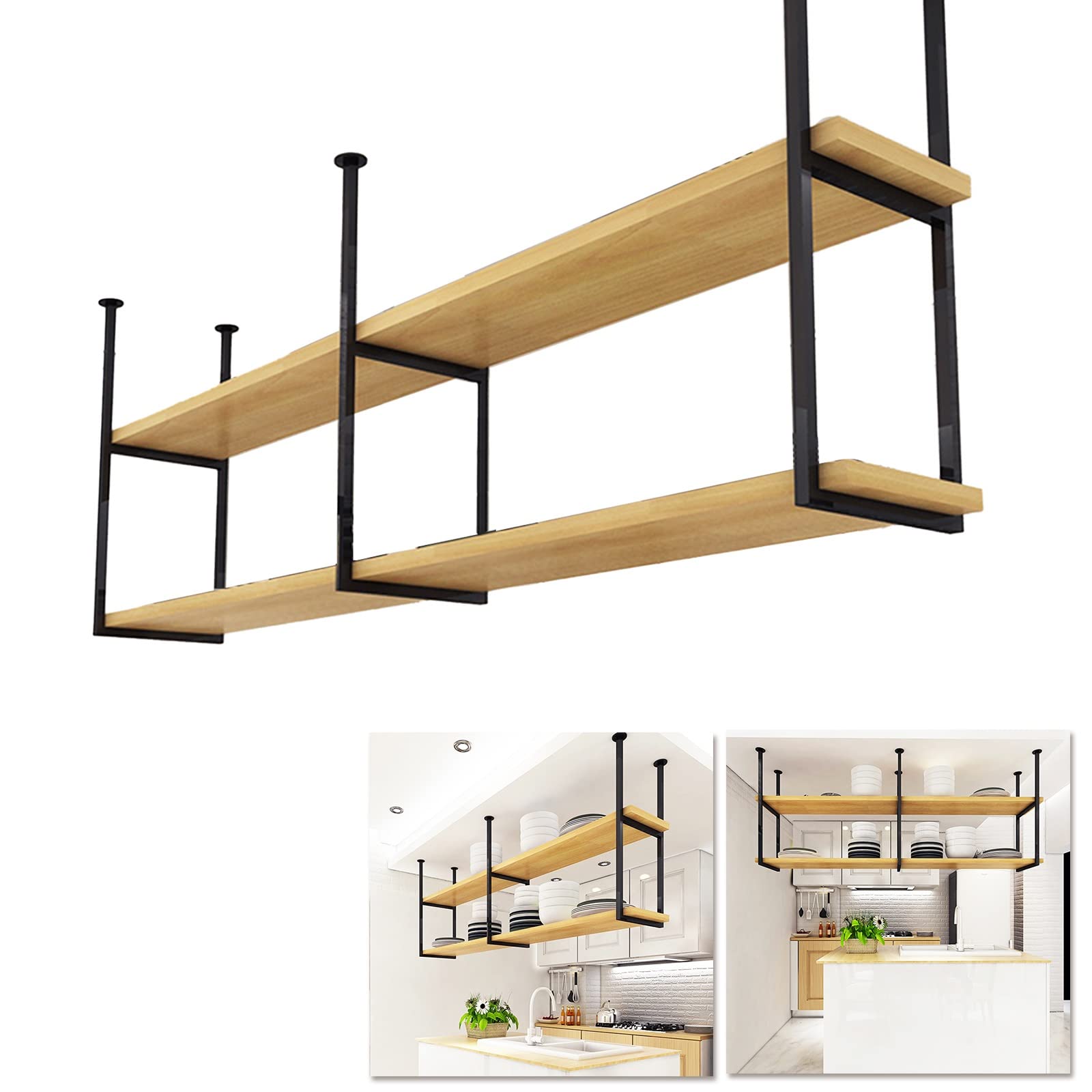 YUANCHUTOP 2 Tier Floating Shelves, Wall Mounted Wood Storage Rack with Metal Frame, Plant Stand Wine Holder for Kitchen Living Room Bars