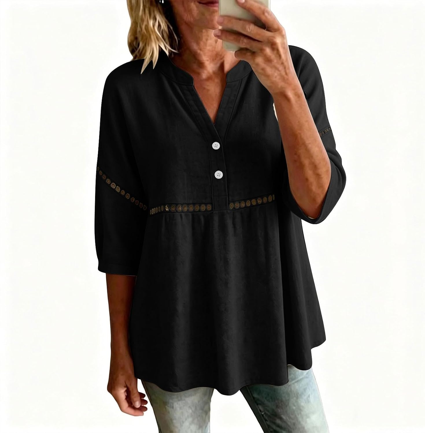 Womens Half Sleeve Tops Dressy Casual V Neck Button Loose Hollow Out Shirts Summer Beach Vacation Blouses Clothes