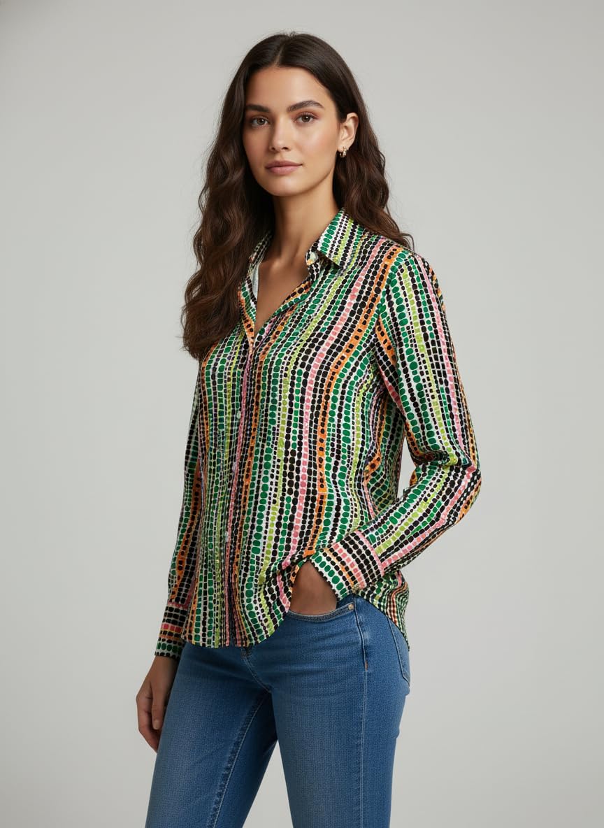 ANNI Designer Bedrucktes Damenhemd aus Baumwollmischgewebe, langärmelig, normale Passform, Hemdkragen, legere Bürokleidung, elegante Western-Kleidung für den Alltag, Hochzeit, Party
