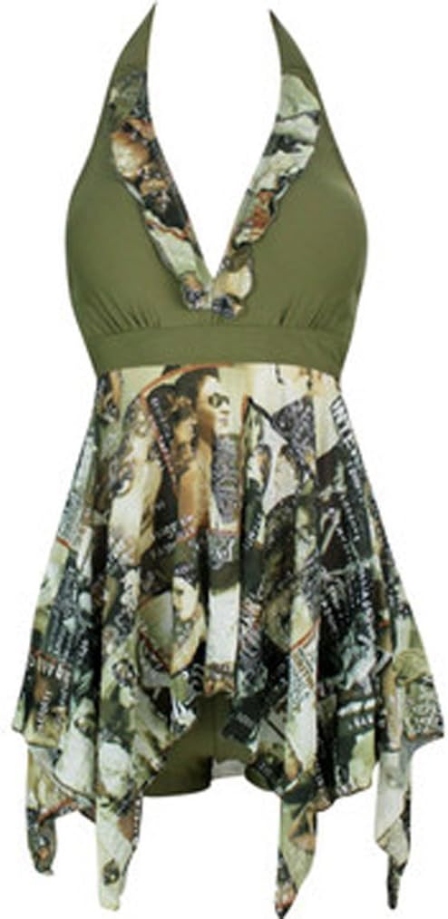 Women Halter Tankini Retro Beach Swimdress, Green, 3XL