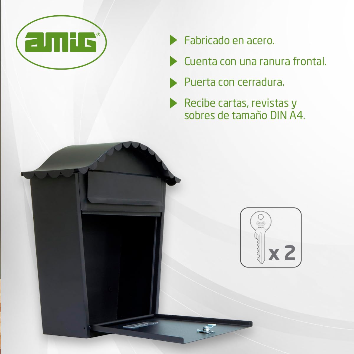 Amig - Buzón Exterior de Pared - Tamaño Compacto para DIN A4 - Apertura Frontal con Cerradura - Acero - Negro - Fácil de Instalar en Puertas o Verjas - 37 x 36 x 10,5 cm