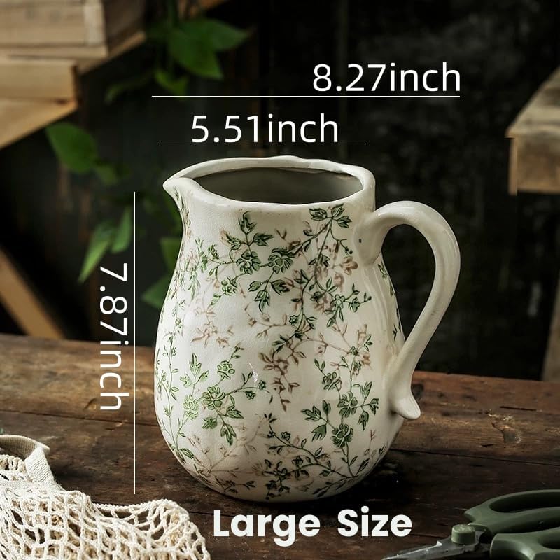 Vintage Ceramic Vase, Farmhouse Pitcher with Handle and Floral Vine Pattern, Beige and Green Flower Vase for Home Decor, Rustic Antique Vase for Console Table,Living Room Kitchen(8inch) - Image 2
